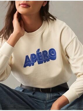 Clare V. Cream APÉRO Graphic Crewneck Sweatshirt 100% Cotton Capsule | Small